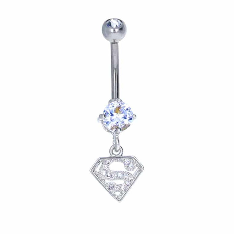 navel-belly-curved-barbell-dangle-tassel-surgical-steel-jewelled super-man-logo-licenced-jewelry-14g