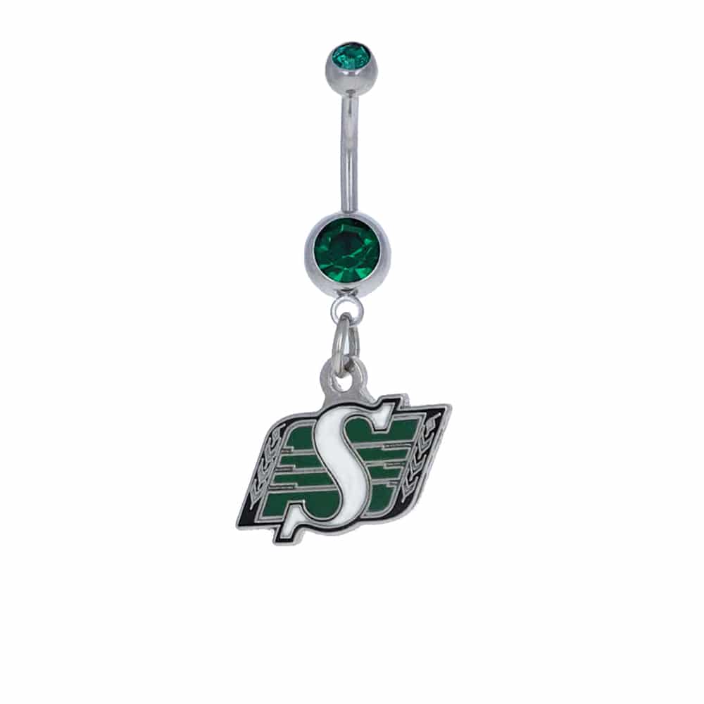 navel-belly-stud-curved-barbell-dangle-tassel-surgical-steel-cfl-saskatchewan-roughriders