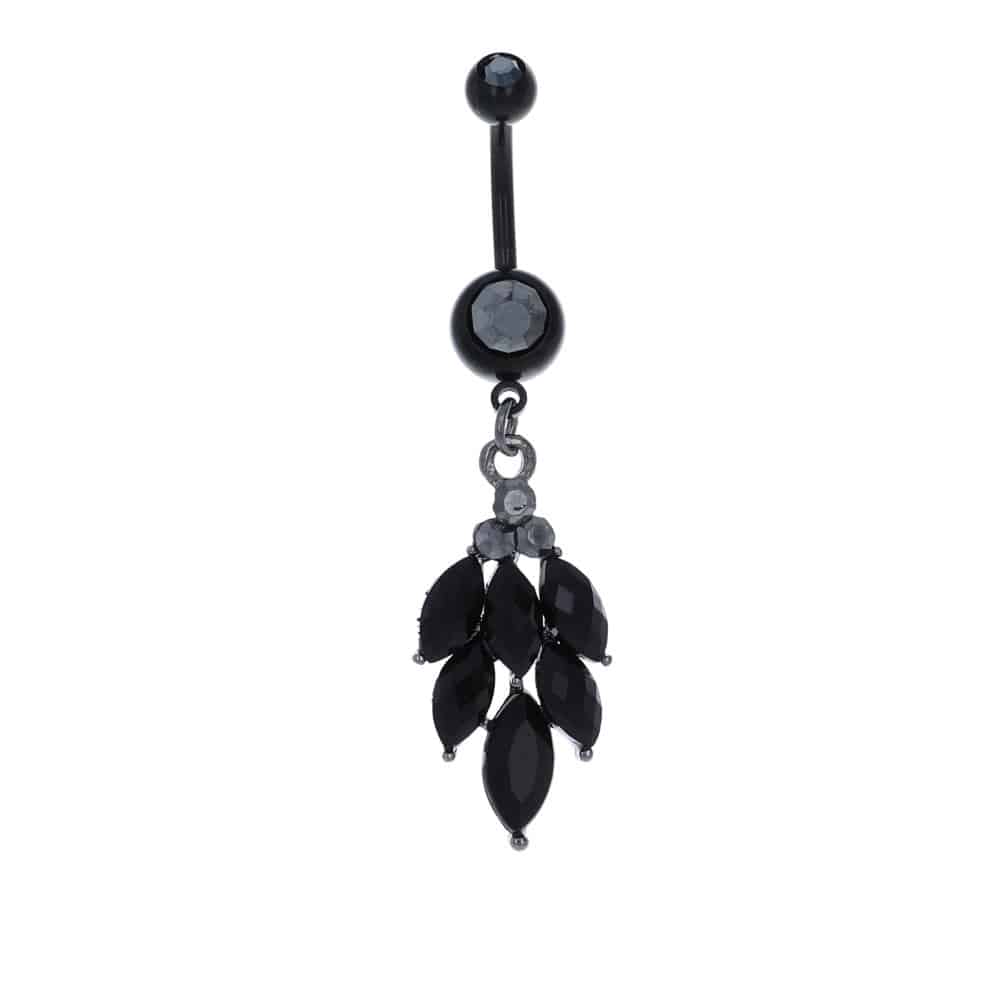 navel-belly-stud-curved-barbell-dangle-tassel-surgical-steel-rose-gold-plated-titanium-six-black-jewelled-leaf-blk