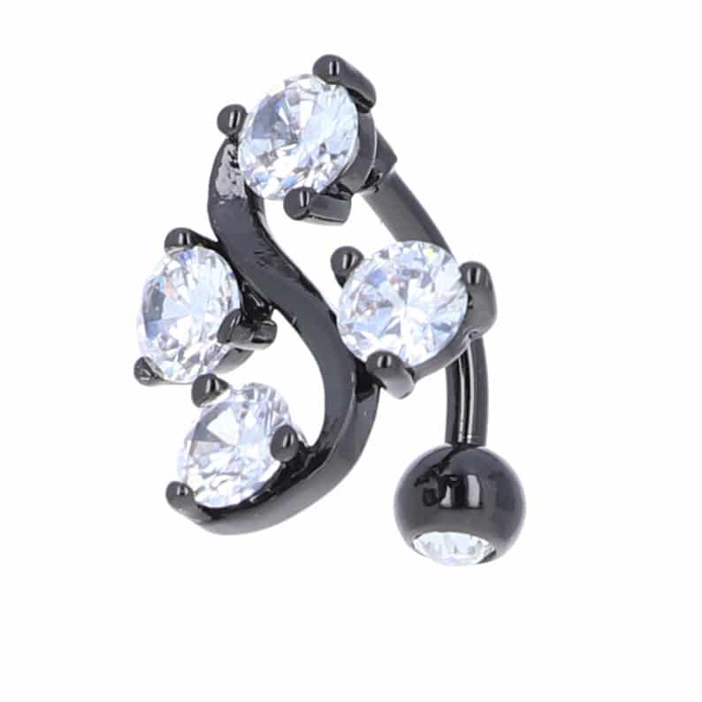 navel-belly-stud-curved-barbell-inverted-top-hanging-surgical-steel-rose-gold-plated-titanium-fancy-four-jewel-s-blackl