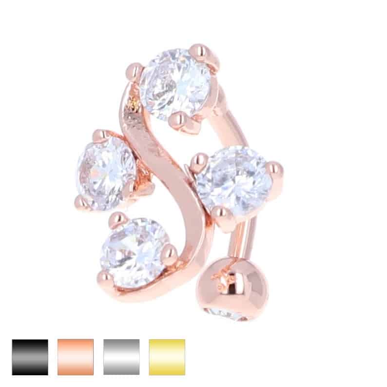 navel-belly-stud-curved-barbell-inverted-top-hanging-surgical-steel-rose-gold-plated-titanium-fancy-four-jewel-s-title