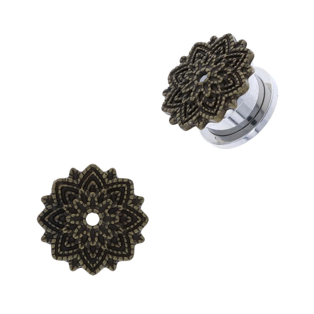 plugs-surgical-steel-machine-head-screw-back-plug-traditional-mandala-brass-face-plate