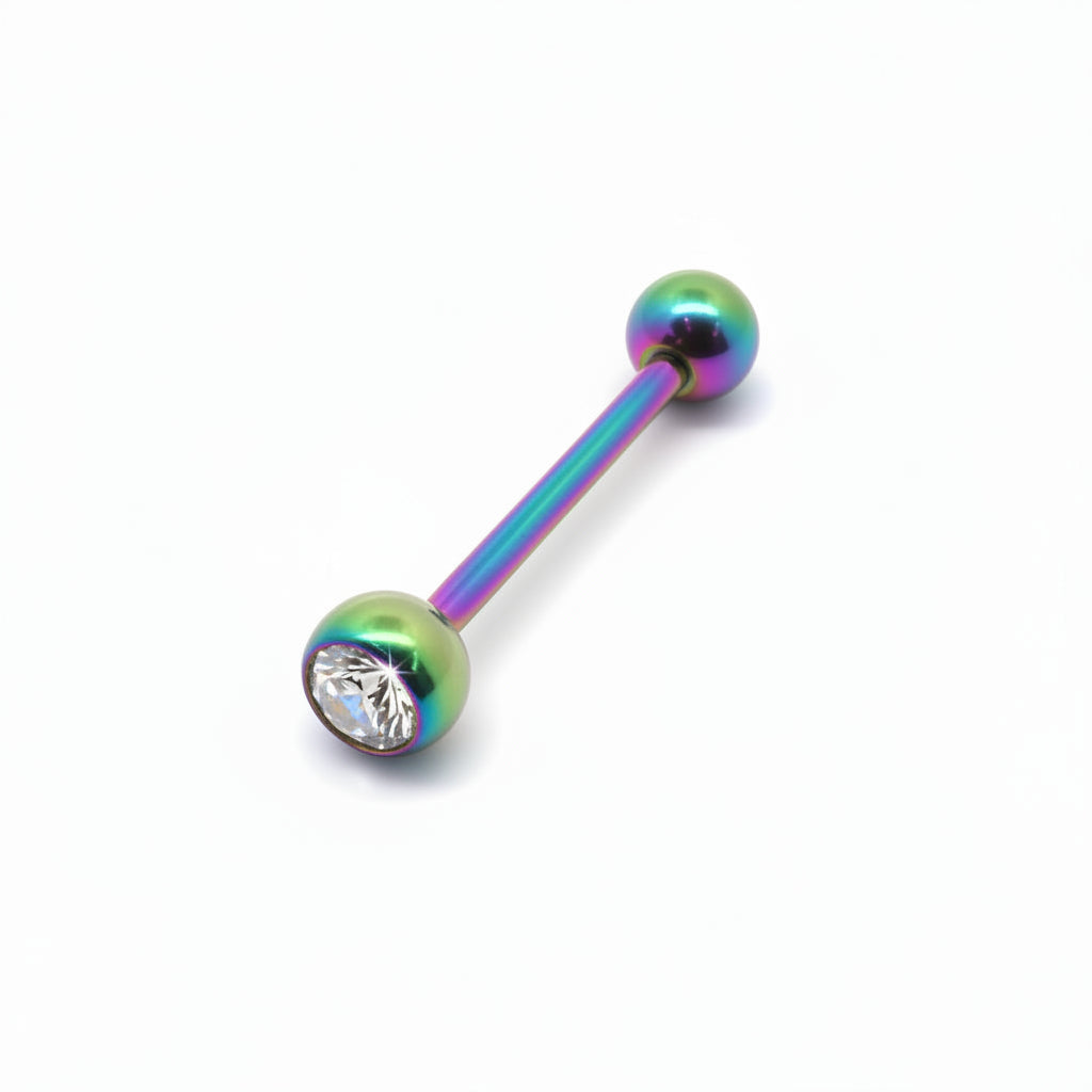 Premium PVD SS Bezel-Set Crystal Tongue Barbell 14g