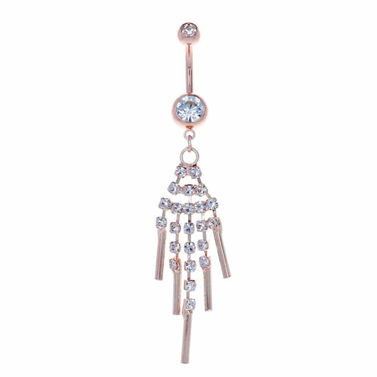 navel-belly-stud-curved-barbell-dangle-tassel-surgical-steel-rose-gold-ion-plated-v-shaped-five-tiered-jewelled-chains-jewelry