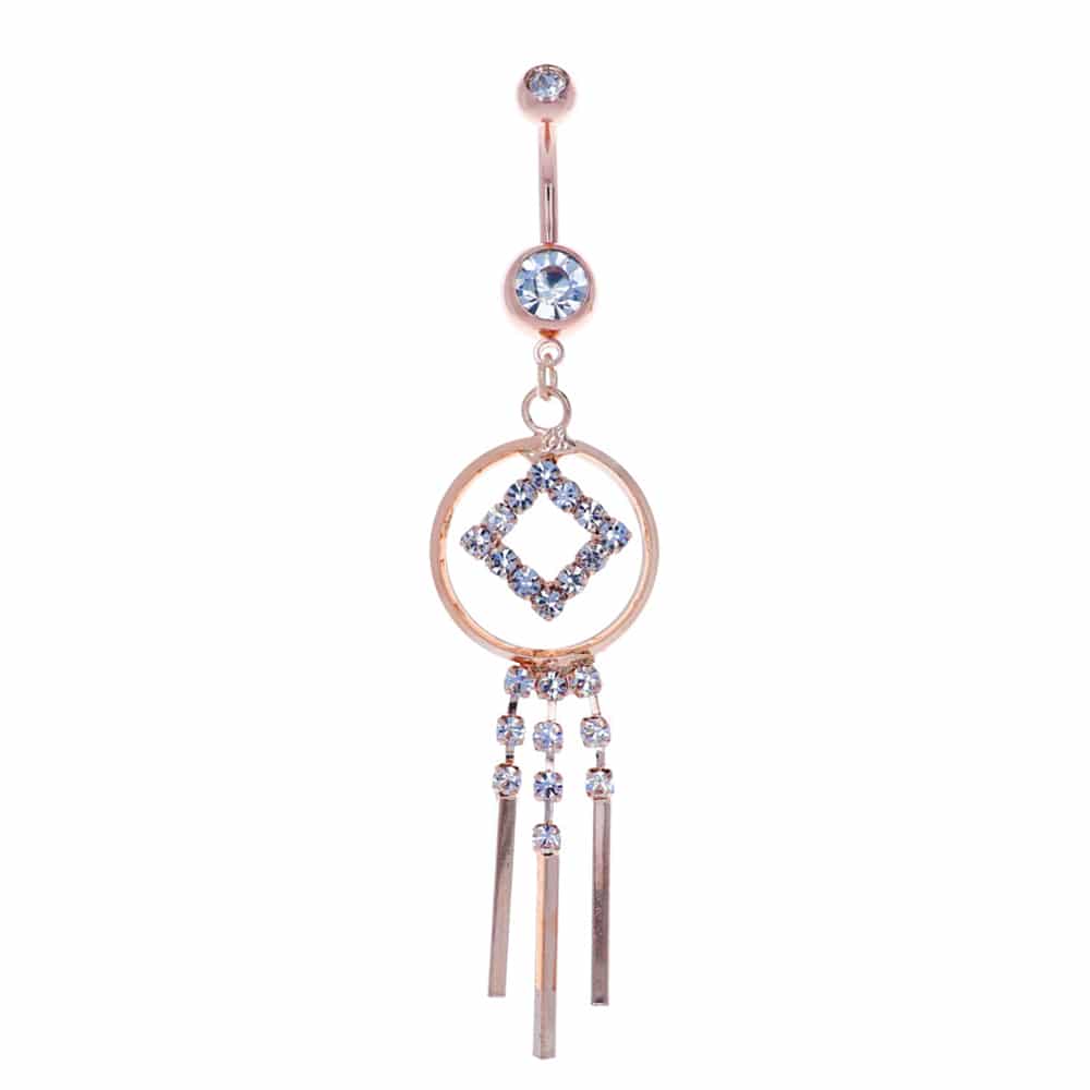 navel-belly-stud-curved-barbell-dangle-tassel-surgical-steel-rose-gold-ion-plated-jewelled-square-with-halo-jewel-chains