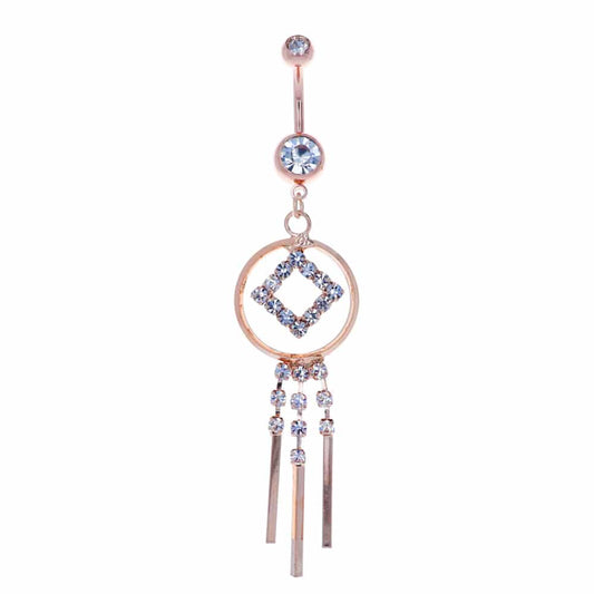 navel-belly-stud-curved-barbell-dangle-tassel-surgical-steel-rose-gold-ion-plated-jewelled-square-with-halo-jewel-chains