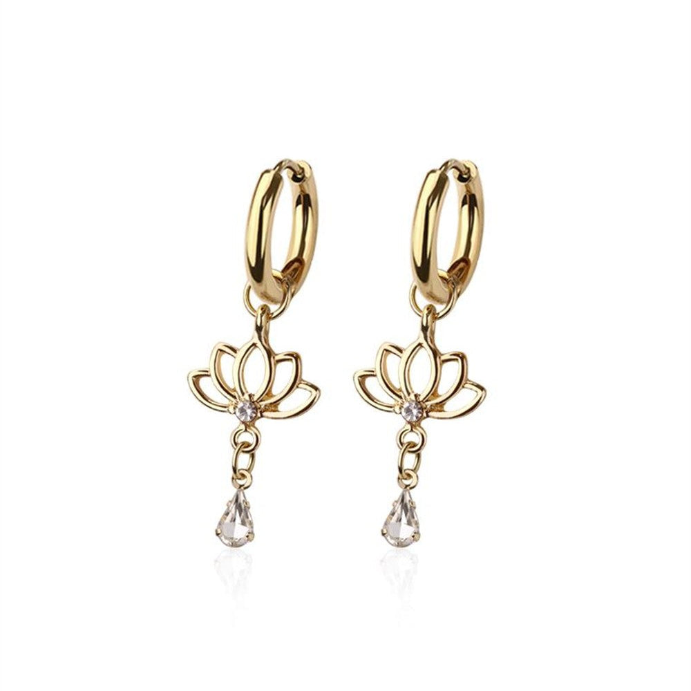 Lotus Flower Crystal Drop Dangle Cuff Earrings