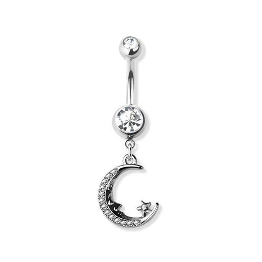 Sleepy Moon and Star Crystal Navel Dangle 14g