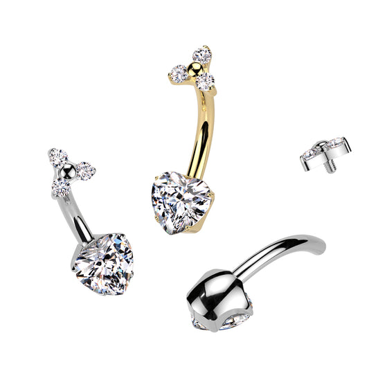 Premium G23 Titanium Trio Claw-Set Heart Crystal Navel Barbell 14g