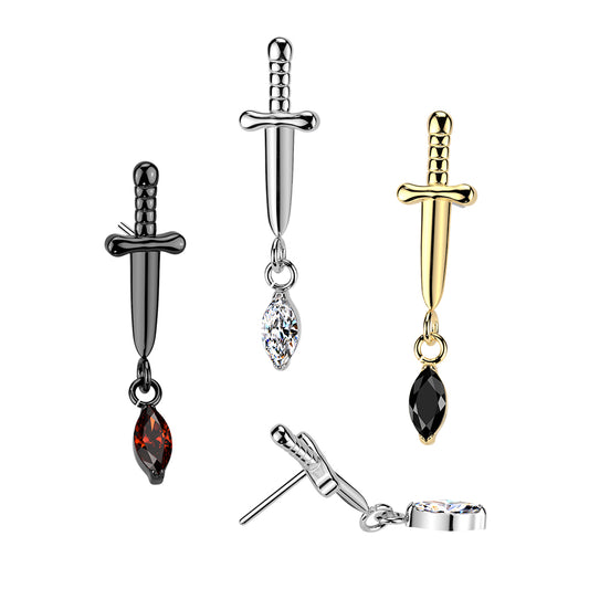 Premium G23 Titanium Dagger Crystal Dangle Luxe Threadless Top