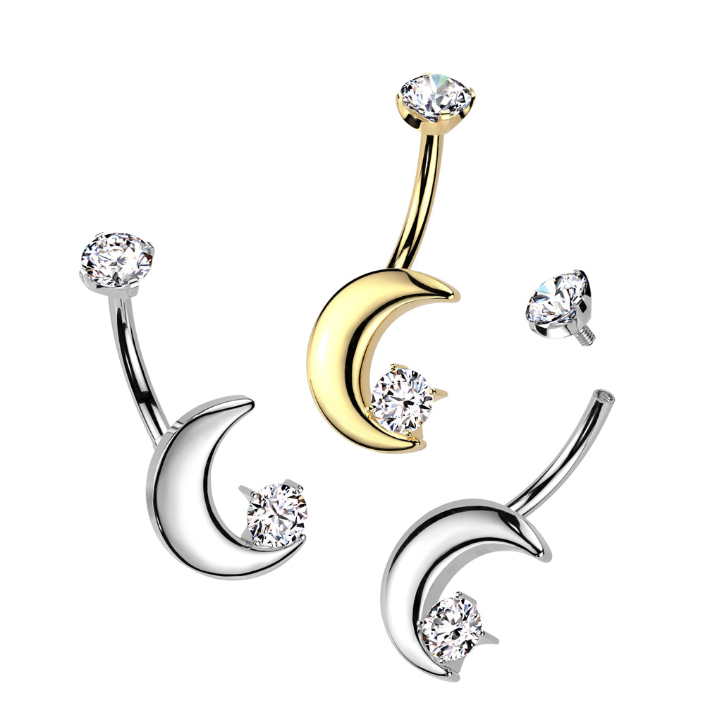 Premium G23 Titanium Moon Claw-Set Crystal Navel Barbell 14g