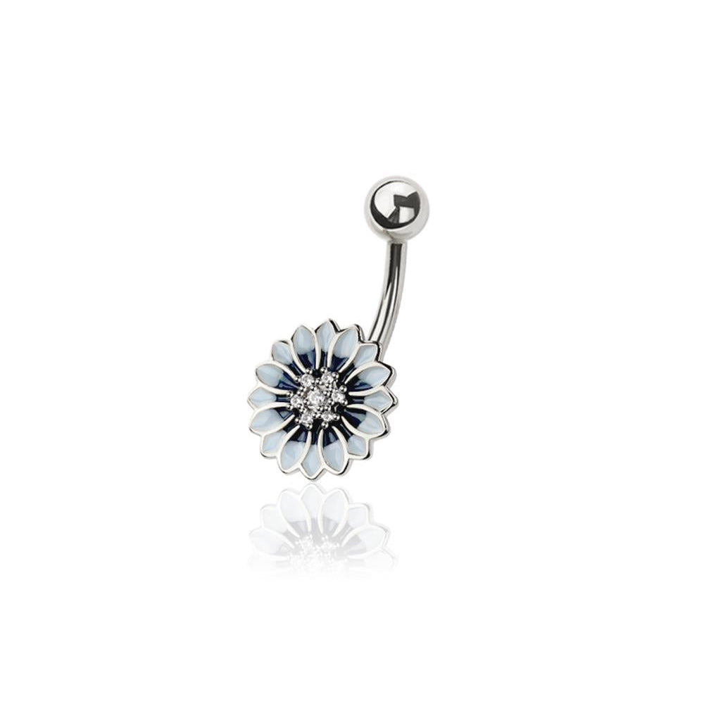 Blue Enamel Flower Navel Barbell 14g