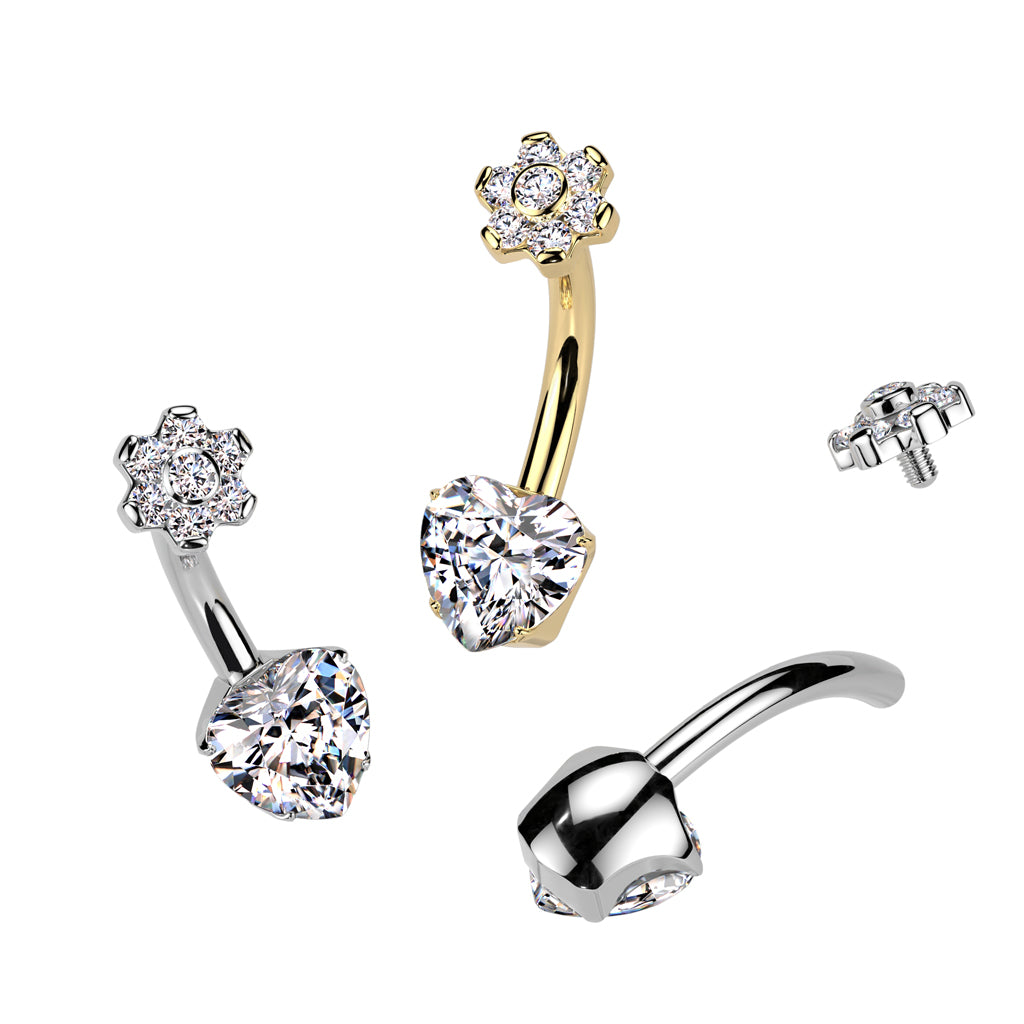 Premium G23 Titanium Heart & Blossom Claw-Set Crystal Navel Barbell 14g