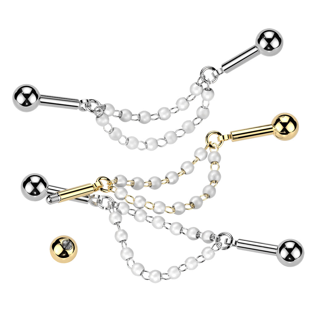 Pearly Beaded Dangle Chain Industrial Barbell 14g
