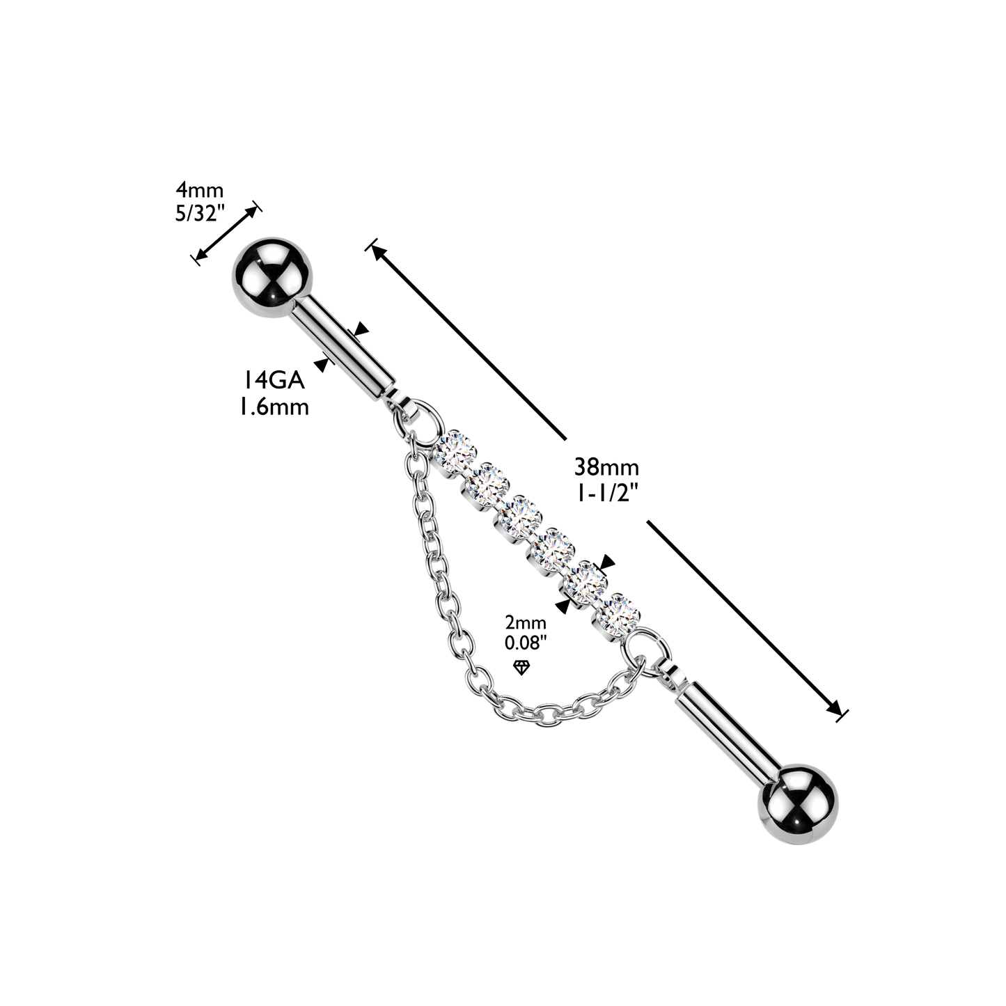 Crystal + Link Chain Industrial Barbell 14g
