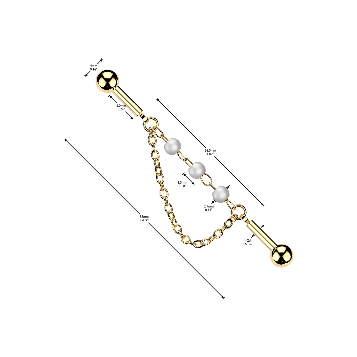 3 Pearl Dangle Chain Industrial Barbell 14g