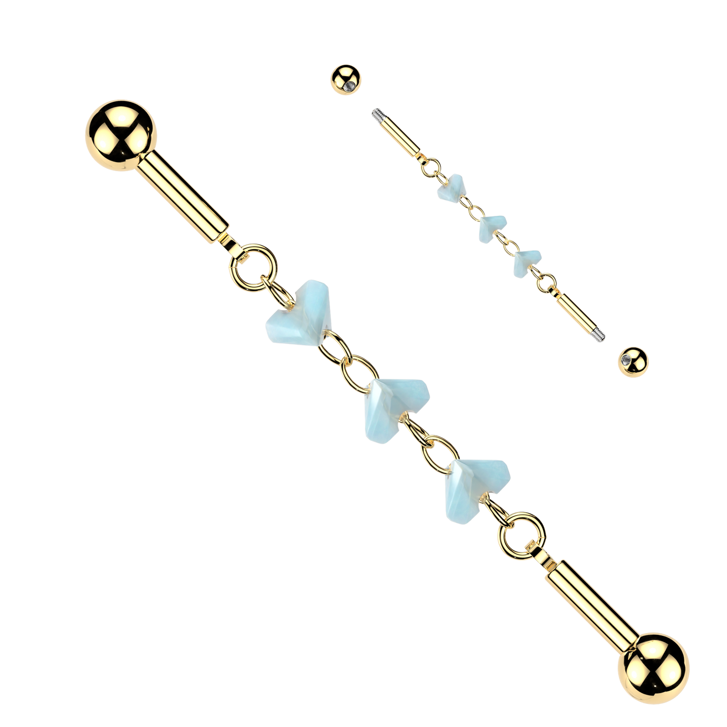 3 Glass Hearts Industrial Barbell 14g