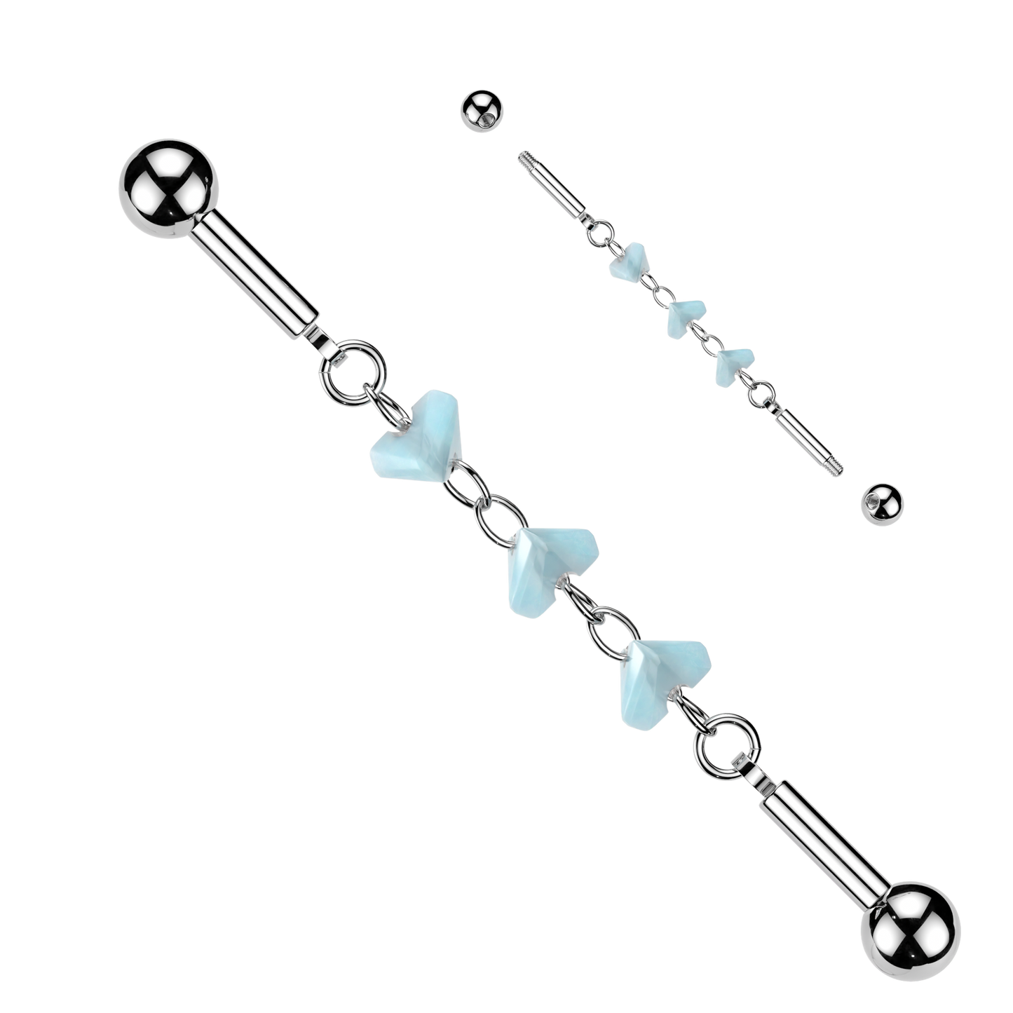 3 Glass Hearts Industrial Barbell 14g