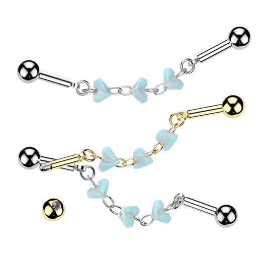 3 Glass Hearts Industrial Barbell 14g