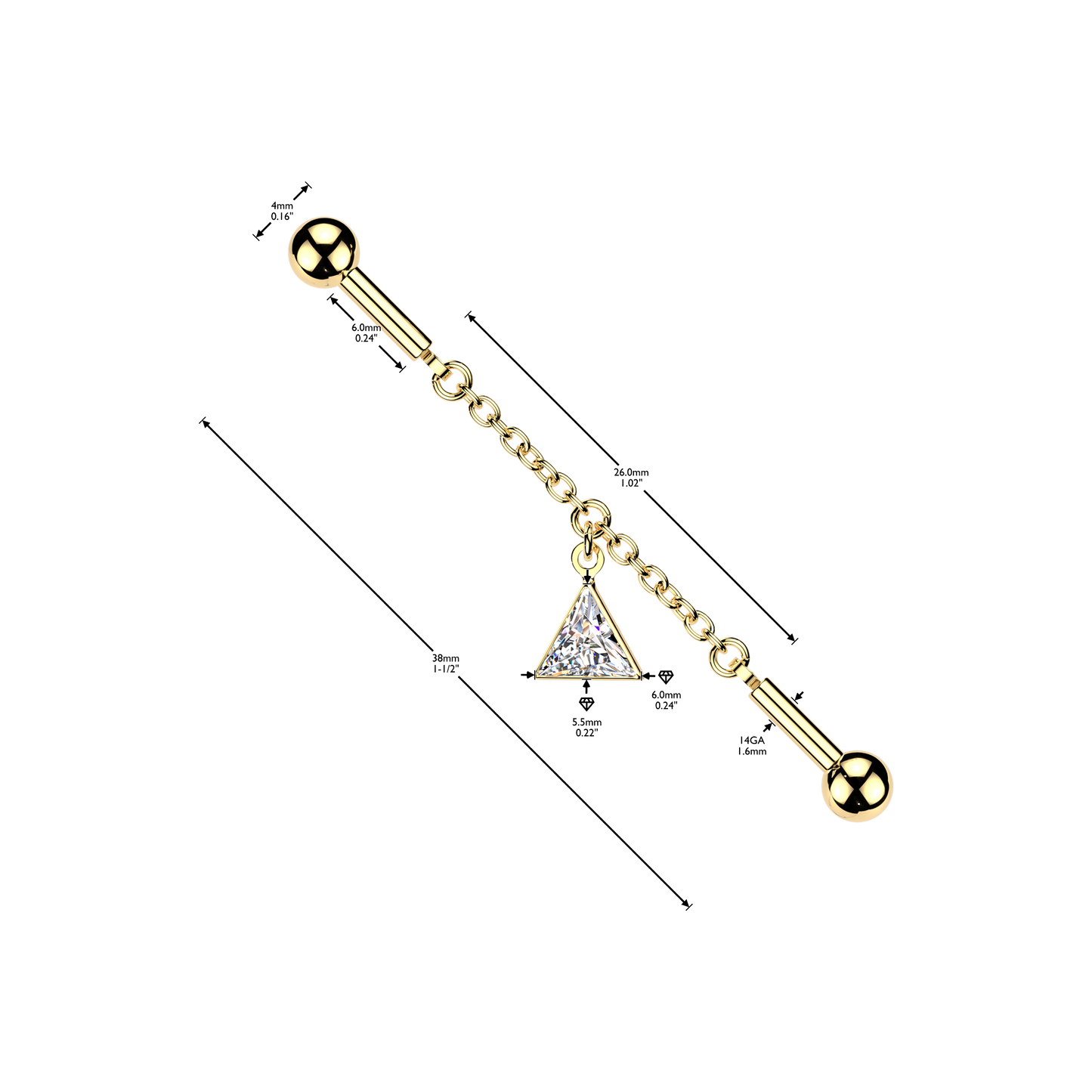 Triangle Dangle Chain Industrial Barbell 14g
