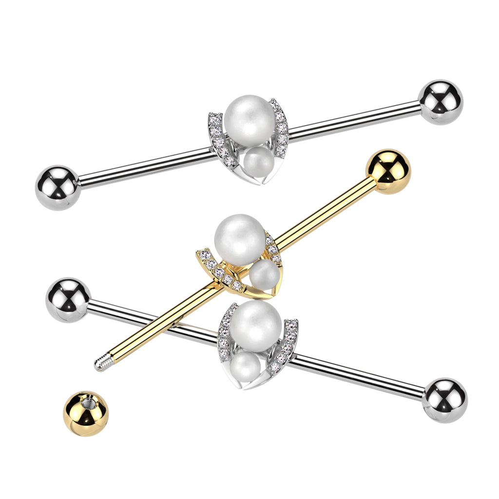 Double Pearl + Channel-Set Crystals Fancy Industrial Barbell 14g