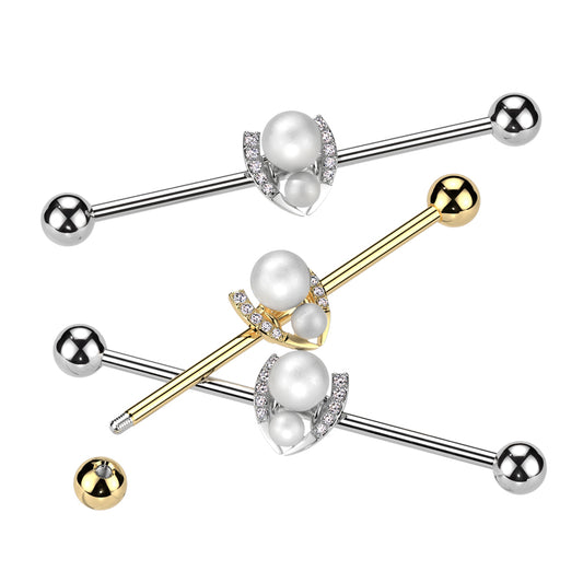 Double Pearl + Channel-Set Crystals Fancy Industrial Barbell 14g