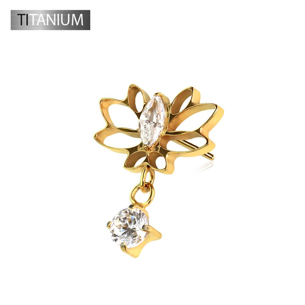 Premium G23 Titanium Lotus Outline Crystal Dangle Threadless Top