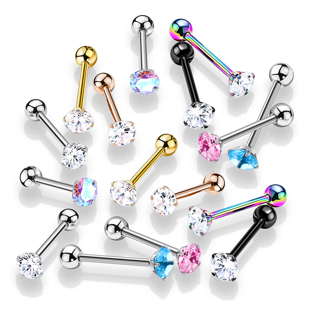 Premium Rounded Crystal Claw-set Tongue Barbell 14g