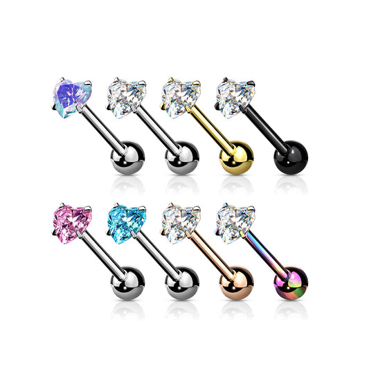 Premium Crystal Claw-set Heart Tongue Barbell 14g