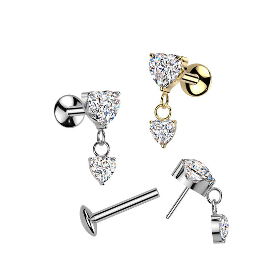 Premium Luxe G23 Ti Crystal Heart Dangle Threadless Flat Back