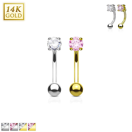 14K Gold Claw-Set Crystal Curved Barbell 16g