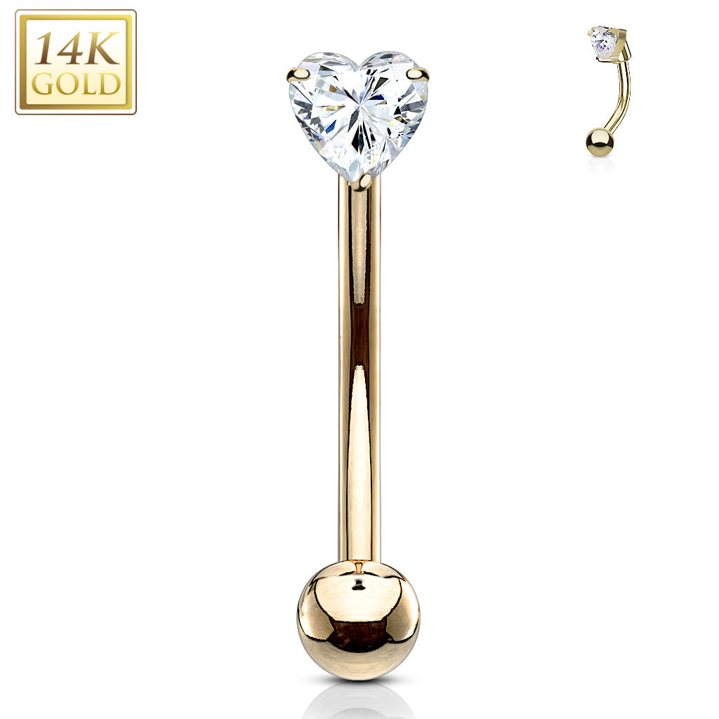 14K Gold Crystal Heart Curved Barbell 16g