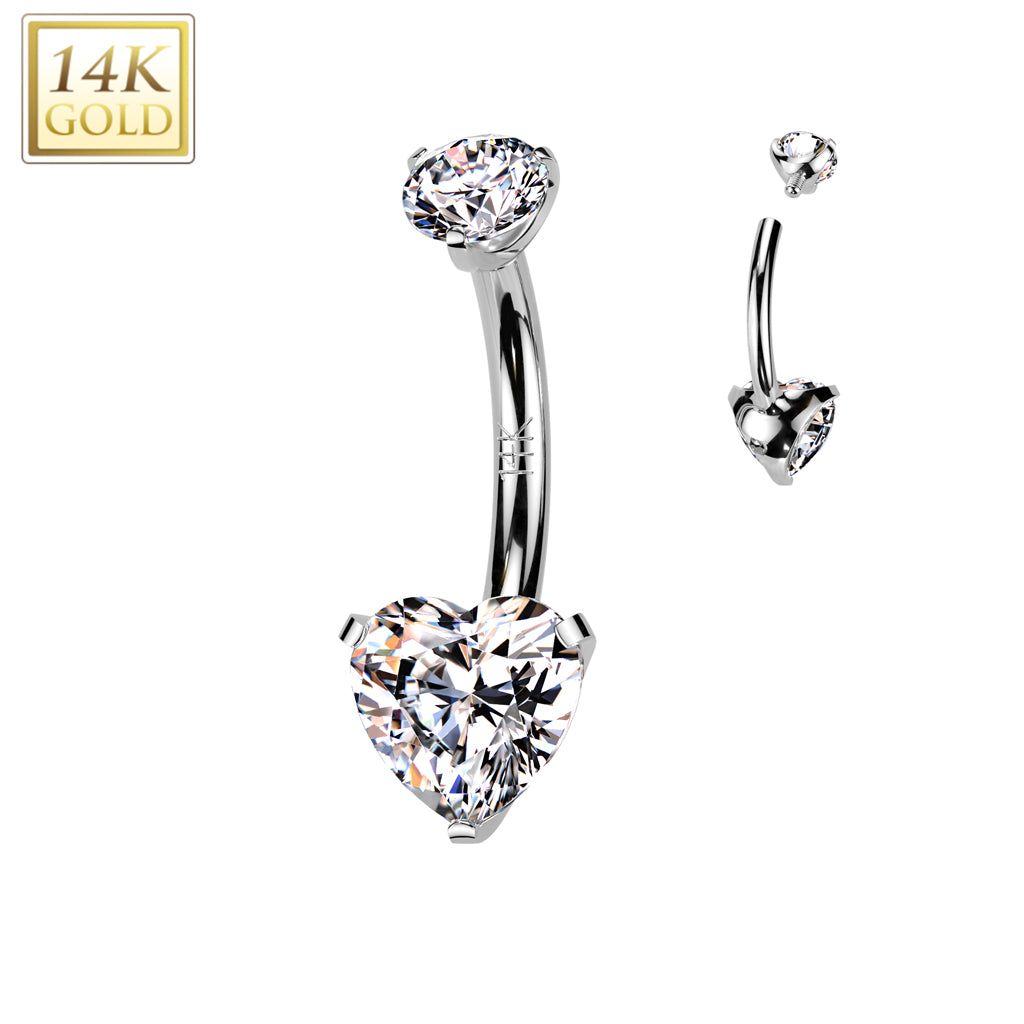 14K Gold Heart Claw-Set Navel Barbell 14g