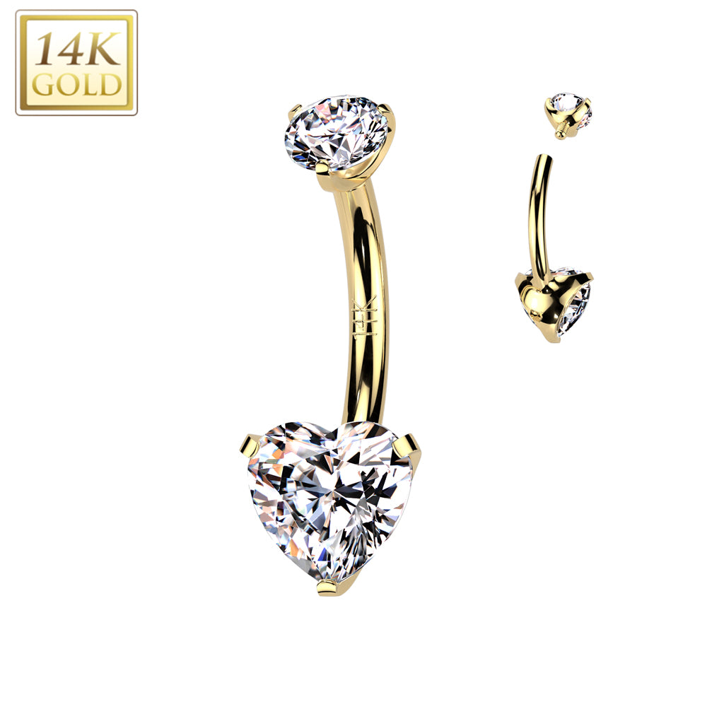 14K Gold Heart Claw-Set Navel Barbell 14g