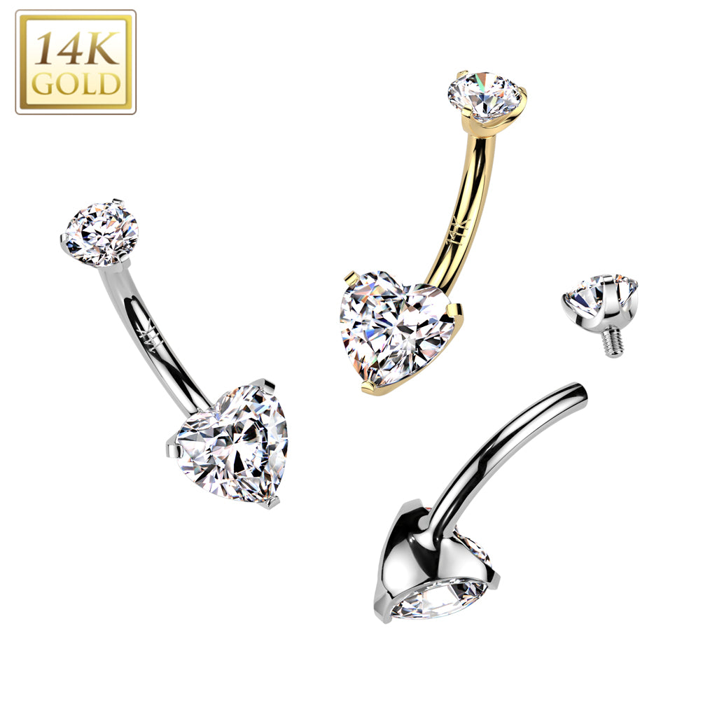 14K Gold Heart Claw-Set Navel Barbell 14g