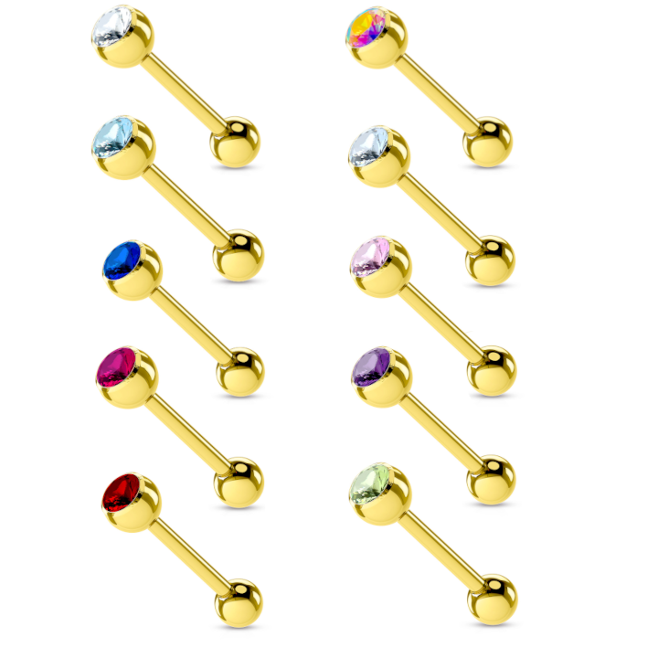 Gold PVD Bezel-Set Crystal Tongue Barbell 14g