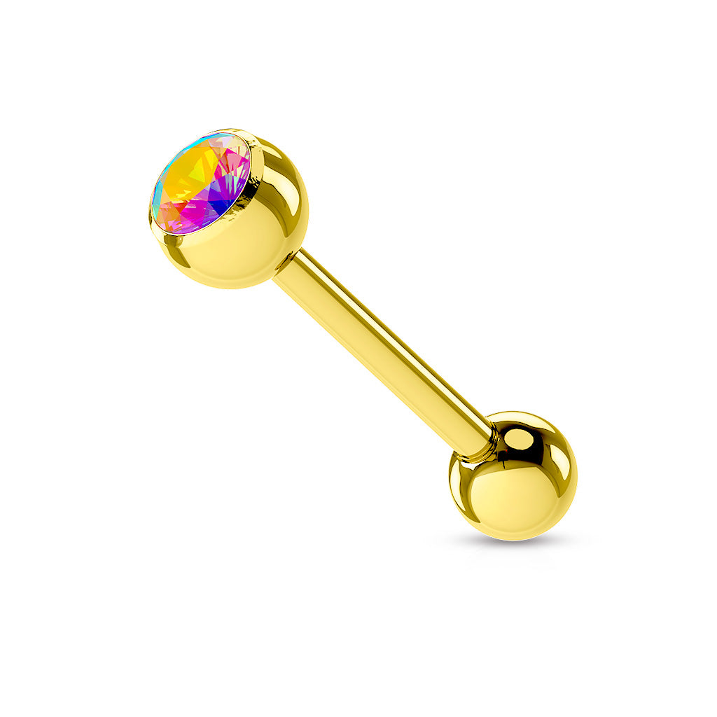 Gold PVD Bezel-Set Crystal Tongue Barbell 14g