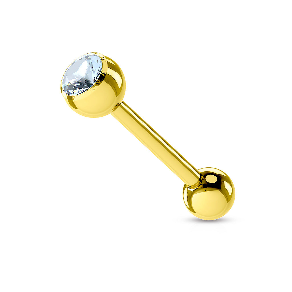 Gold PVD Bezel-Set Crystal Tongue Barbell 14g