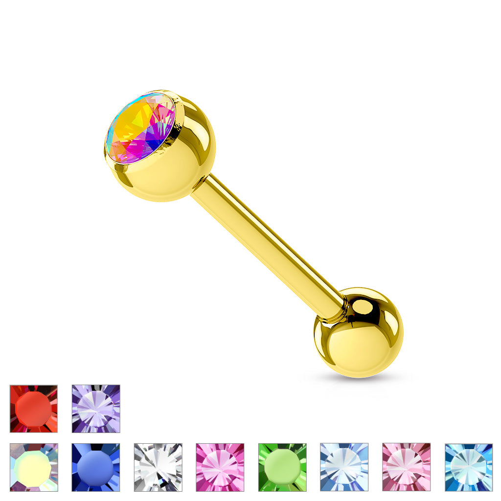 Gold PVD Bezel-Set Crystal Tongue Barbell 14g