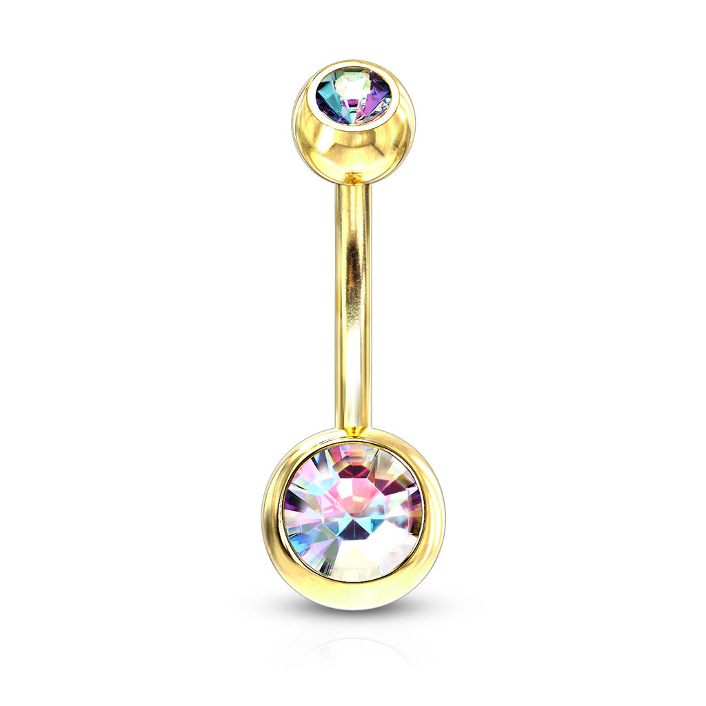 Premium Gold PVD Double Crystal Navel Barbell 14g