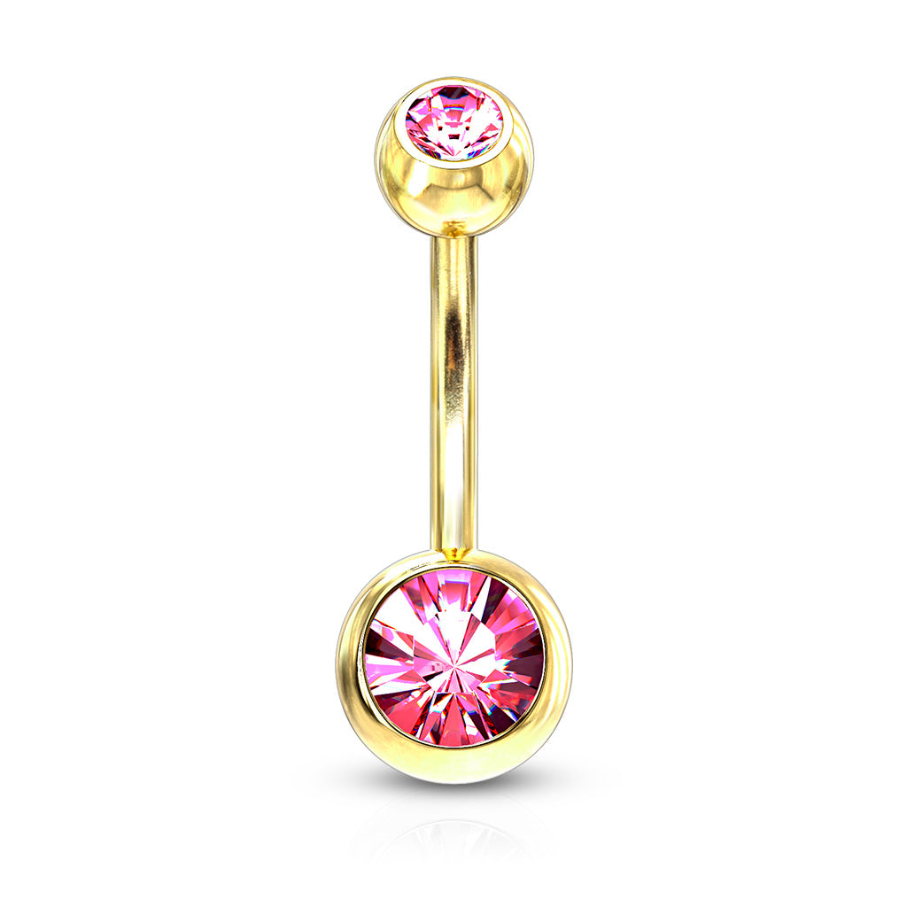 Premium Gold PVD Double Crystal Navel Barbell 14g