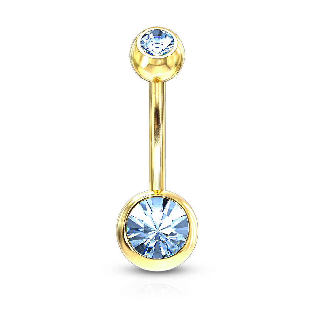 Premium Gold PVD Double Crystal Navel Barbell 14g