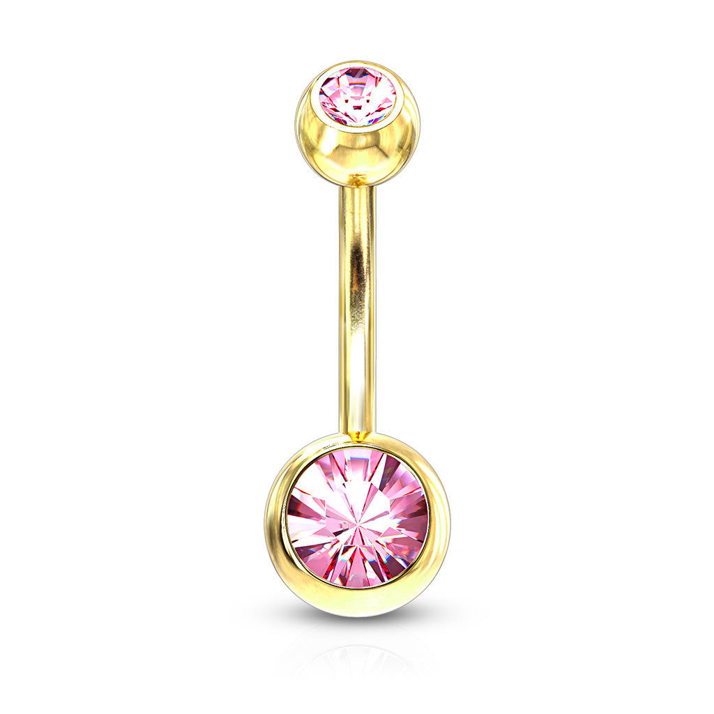 Premium Gold PVD Double Crystal Navel Barbell 14g