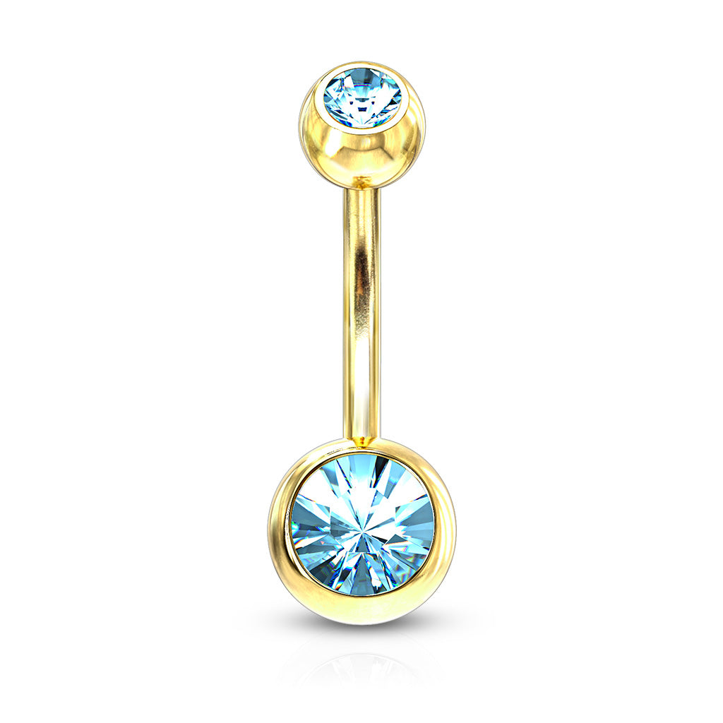 Premium Gold PVD Double Crystal Navel Barbell 14g