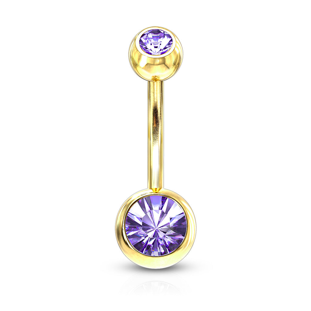 Premium Gold PVD Double Crystal Navel Barbell 14g