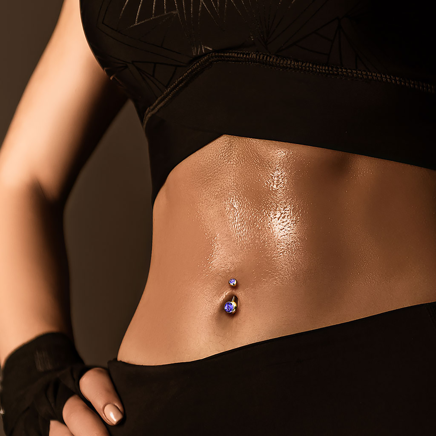 Premium Gold PVD Double Crystal Navel Barbell 14g