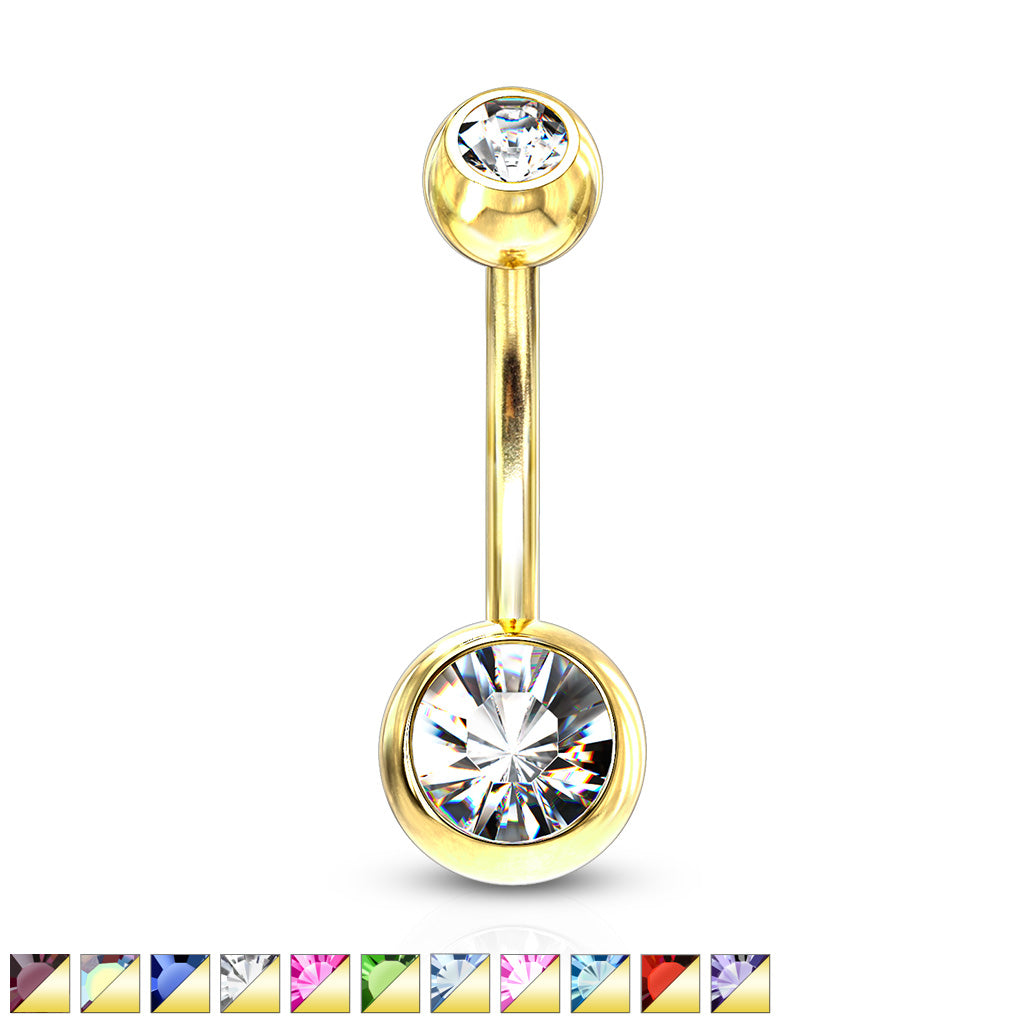Premium Gold PVD Double Crystal Navel Barbell 14g