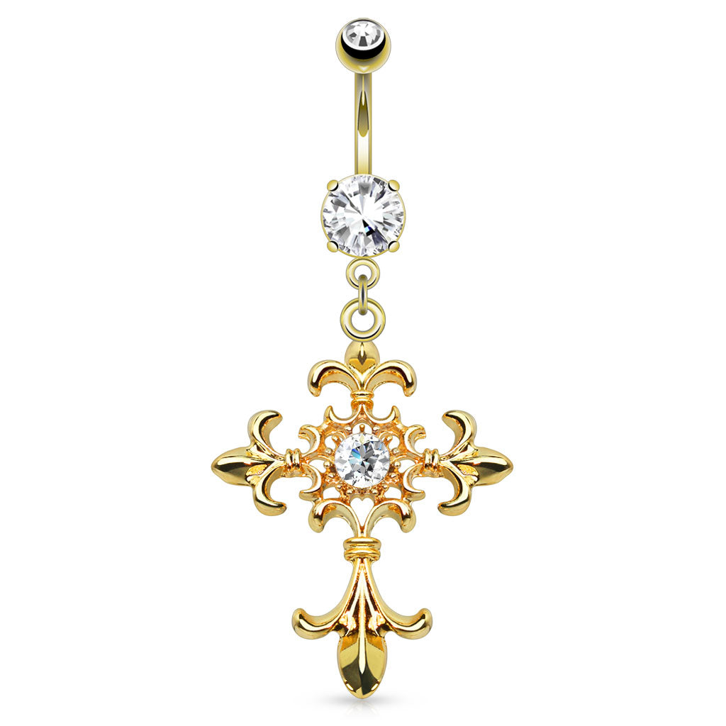 Filigree Fleur-de-Lis Cross Crystal Belly Dangle 14g