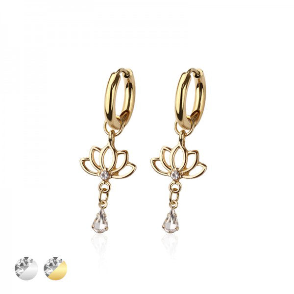 Lotus Flower Crystal Drop Dangle Cuff Earrings
