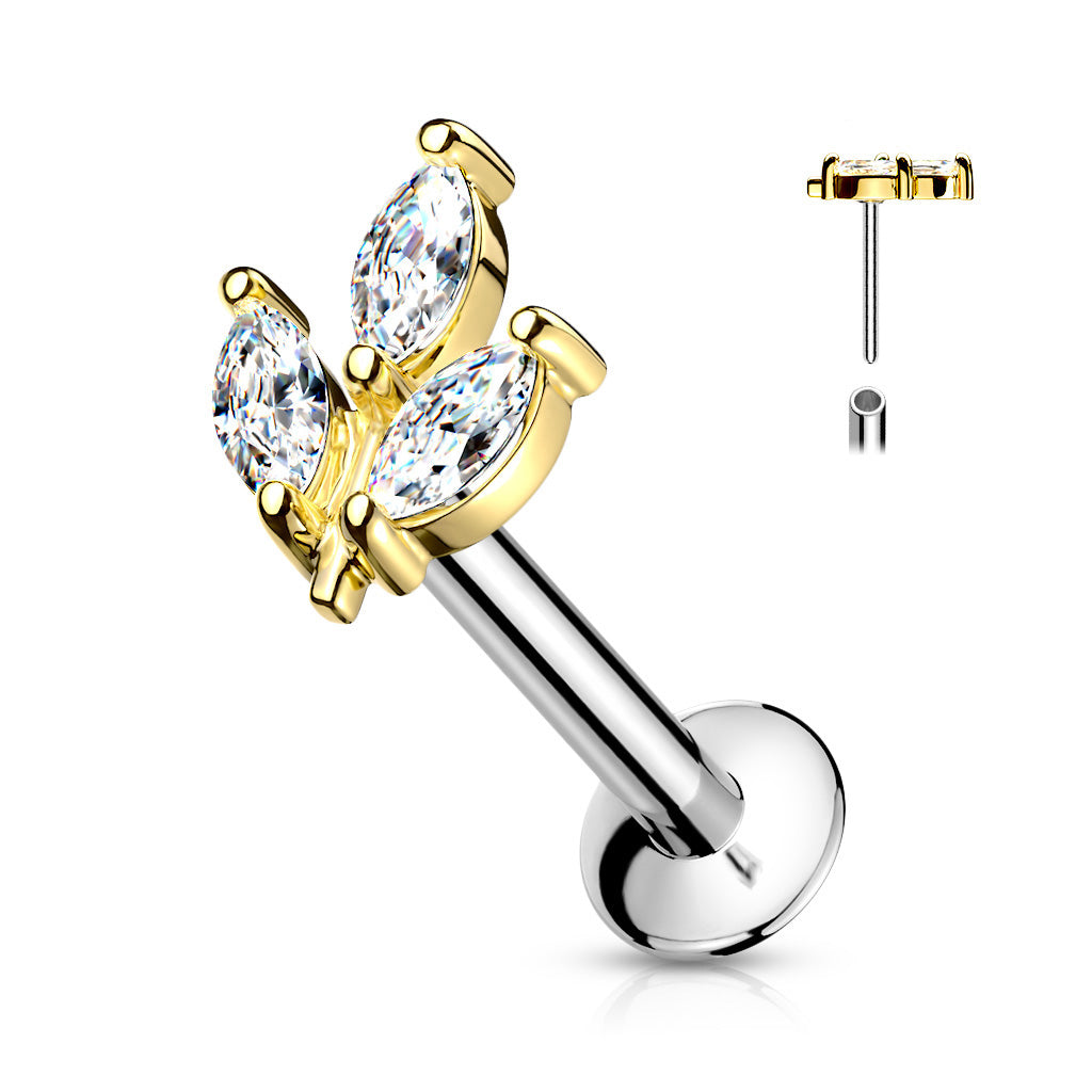 Premium G23 Titanium Claw-Set Marquise Leaf Internally Threaded Flatback 16g